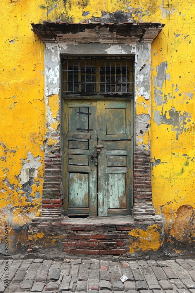 Sticker A yellow and green door with a brick wall behind it, AI