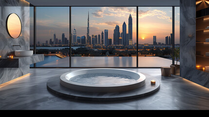 Luxury bathroom interior with view on Dubai skylines during night time.