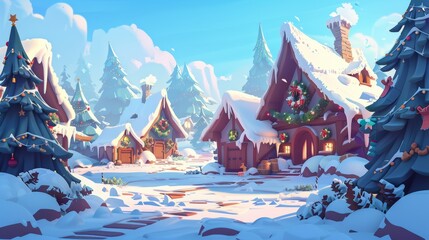 Village landscape with snow-covered houses and Christmas decorations on trees. Cartoon modern illustration of cozy settlement surrounded by forest. Background for holiday cards.