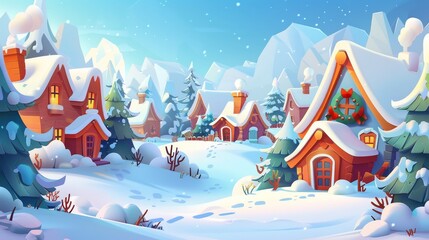 Cartoon modern illustration of a cozy settlement surrounded by forest under blue sky, covered with snow and decorated for Christmas. Background for holiday cards.