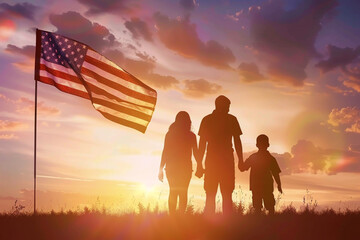 silhouette of a couple at sunset on USA flags 