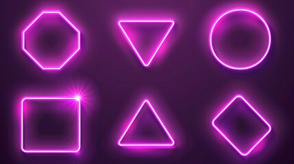 An abstract modern set of neon light frames isolated over a transparent background with glowing lines bordering square, circle, triangle, and hexagon shapes.