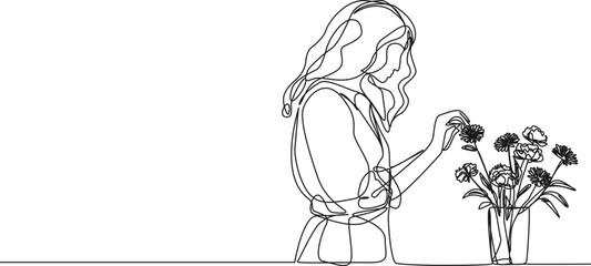 continuous single line drawing of woman touching flowers in vase, line art vector illustration