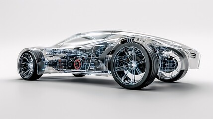 Modern transparent car with futuristic engine, designed for product showcase, text available