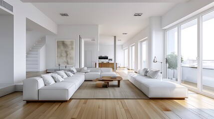 Modern minimalist style home interior design living room with white walls and wooden floor 
