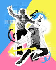 Poster. Contemporary art collage. Black and white male dancers modes in music rhythm against...