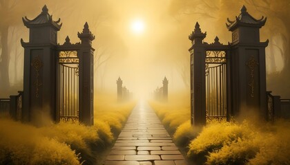 A pathway of golden mist leading to the gates of e