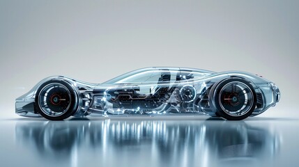 Transparent futuristic car with modern engine for product showcase, text space.