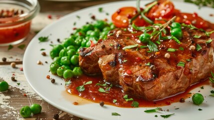 Fototapeta premium American cuisine. Roast with pepper sauce and peas. 