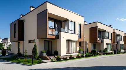 modern townhouses with beige walls and brown accents located in the city of Kostyaha Lugg on an asphalted lot next to each other 