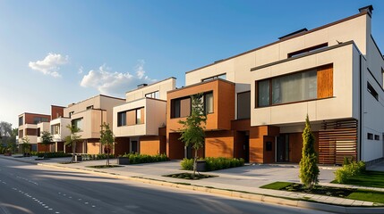 Fototapeta na wymiar modern townhouses with beige walls and brown accents located in the city of Kostyaha Lugg on an asphalted lot next to each other 