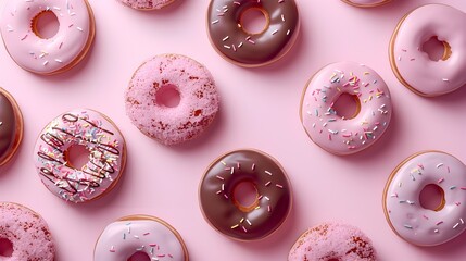 Fototapeta premium Delectable Donut Frame on Pastel Pink Surface - Flat Lay Dessert Photography