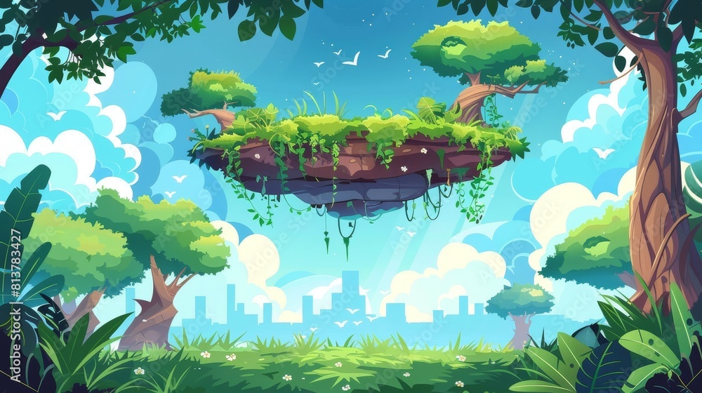 Poster an isolated cartoon floating platform asset for a game. forest background scene for an animation. ju