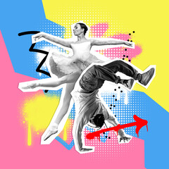 Poster. Contemporary art collage. Edgy breakdancer and gentle ballerina dancing on red background....