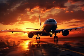 Commercial jet airplane making a dramatic descent and landing on the runway at a bustling airport at sunset. With the vibrant orange sunlight casting a beautiful silhouette against the evening sky