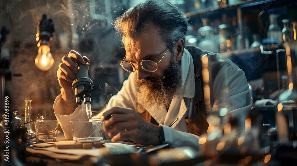 Aufkleber bearded man working in the laboratory. he is using a microscope and making notes.