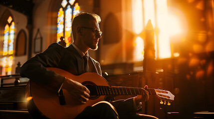 Man playing acoustic guitar in church. He is sitting on the altar and singing.