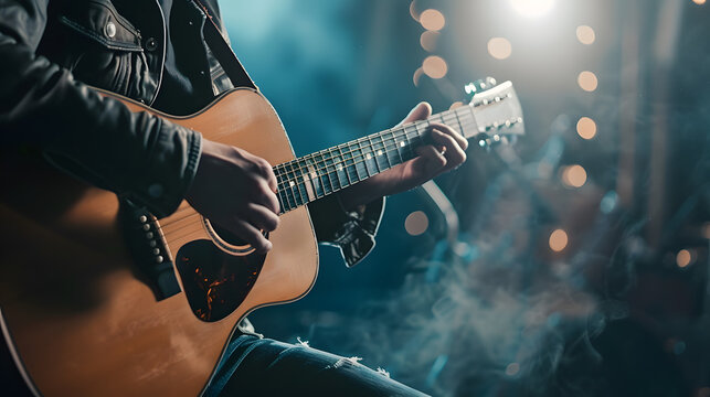 Guitarist playing an acoustic guitar on a stage in a nightclub