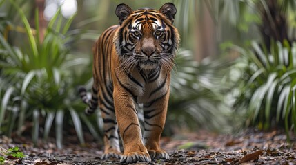 Portrait of the Indochinese Tiger (Panthera tigris corbetti) standing in it's enclosure at a zoo, an endangered animal; Houston, Texas, United States of America Generative AI