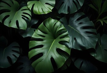 Close-up of Lush Green Monstera Deliciosa Leaves Against a Dark Background