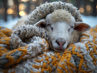 world sleep day. One sheep from the flock separates and winks at the sleeping person