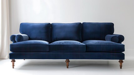 Sofa navy blue sofa with wooden legs and white walls in the background 