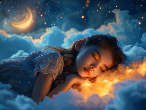 world sleep day. person peacefully sleeping amidst fluffy clouds, with stars twinkling above and a crescent moon casting its gentle glow.