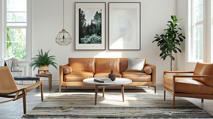 Stylish midcentury modern living room with tan leather sofa round coffee table and armchairs white walls 