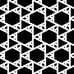 Geometric background. Hexagons, triangles, rhombuses pattern. Geometrical backdrop. Triangular, quadrangular, hexagonal shapes wallpaper. Polygons motif. Digital paper, abstract. Seamless ornament