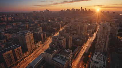 Fototapeta premium Wide perspective of drone shot of a busy City skyline at sunset, with copy space, realistic photo, 
