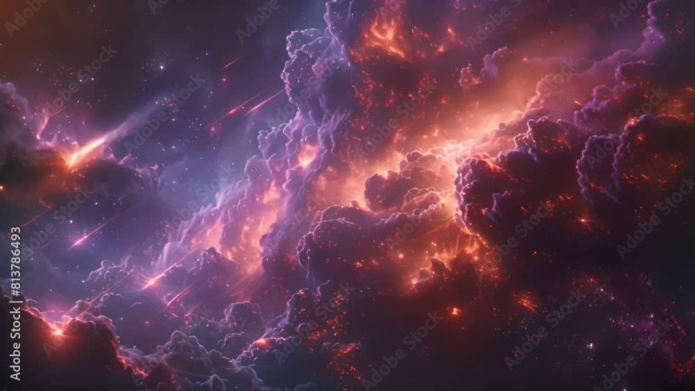 Poster a vibrant space scene with stars twinkling against a backdrop of fluffy clouds, creating a mesmerizi