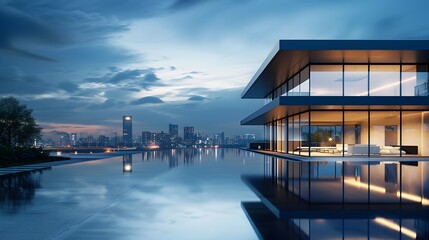 Fototapeta premium Illuminated Geometric Residence with Sleek,Angular Design Reflecting Cityscape in the Evening