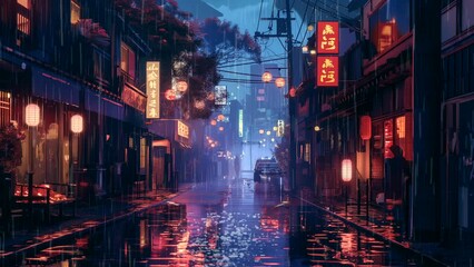 Retro neon city street at night with lofi chill vibes and rainy atmosphere. looping time-lapse video animation background - Powered by Adobe