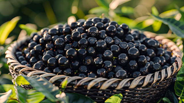 basket brimming with freshly picked jabuticaba fruits or brazillian grapes (Plinia cauliflora)