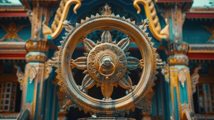 Obraz premium Dhamma wheel symbol against a backdrop of traditional temple architecture, representing Buddhist teachings on holy days.