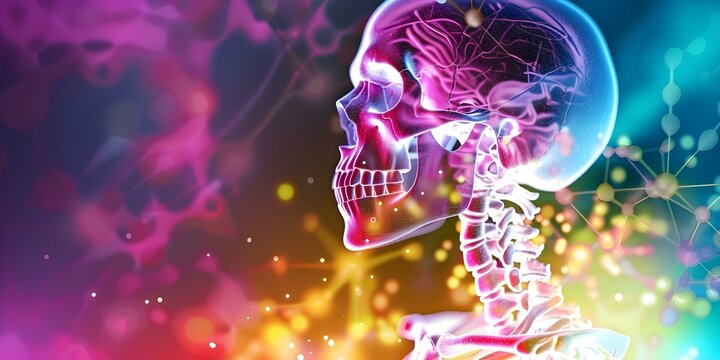 Healthy human skeleton anatomy showing vitamins and minerals absorbed into cartilage. Concept Vitamins in Skeleton, Mineral Absorption, Cartilage Health, Human Anatomy, Nutrient-rich Bones
