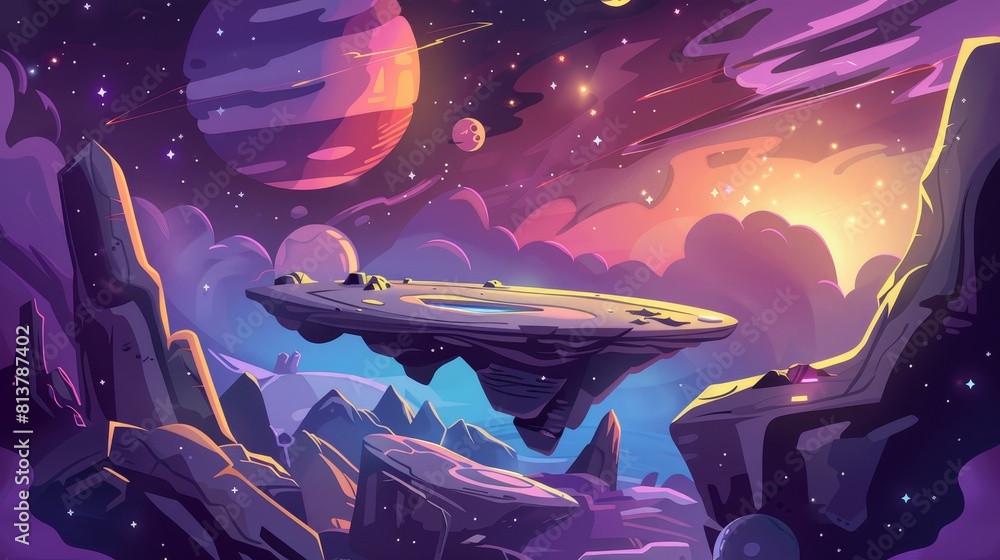 Aufkleber the level map for a space game has a planet modern screen background. a galaxy cartoon illustration 