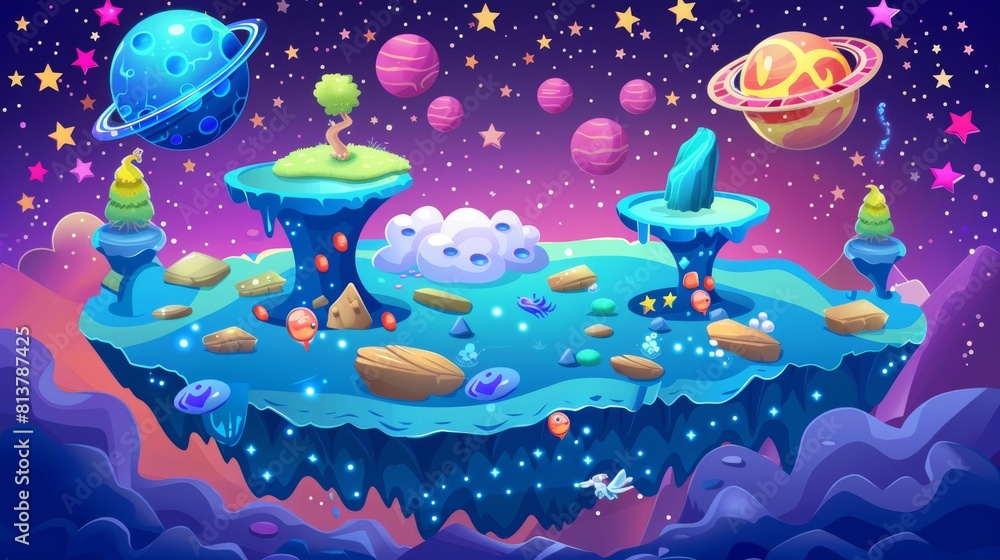 Poster game level map with planet modern background. galaxy cartoon illustration with astronaut or alien fl