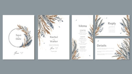 Set of Wedding Invitations, Menu, Details, RSVP with Bouquet of Pampas Grass, Dried Flowers, Leaves Hand Painted with Watercolor in rustic, boho style in blue and beige colors. Vector