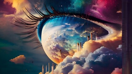 human eye and clouds abstract colorful image