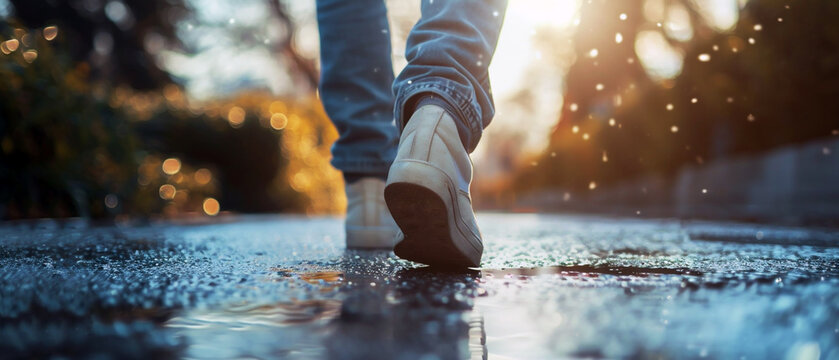 A young man walking on the wet asphalt of a street. Sunset, late afternoon sunlight. Ground level viewpoint. Legs and shoes are visible.

