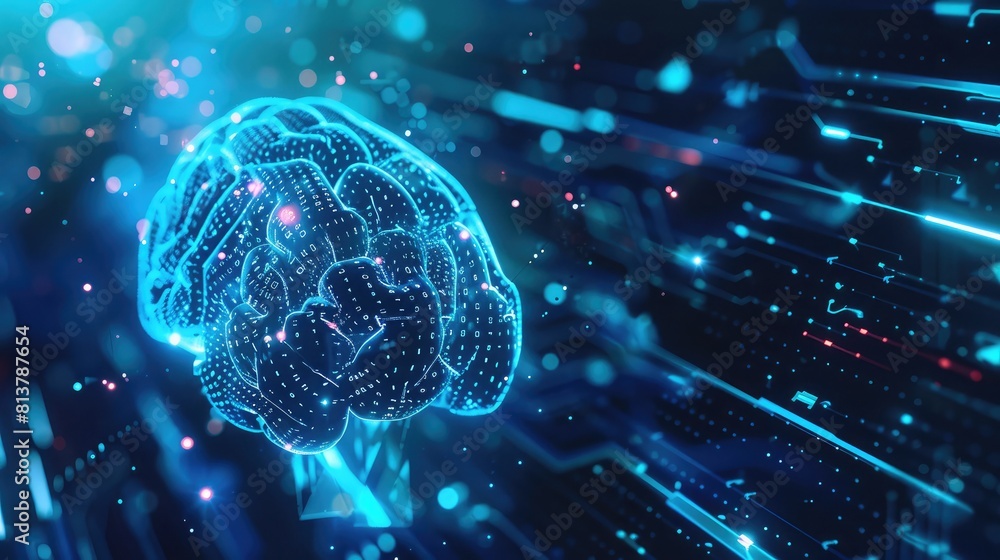 Poster artificial intelligence concept with digital brain on tech background, suitable for ai development f