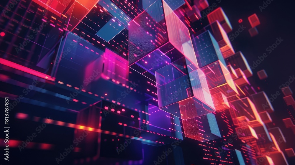 Poster abstract geometric shapes in digital space, great for blockchain technology presentations and crypto