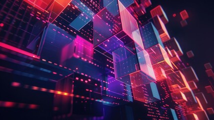 Obraz premium Abstract geometric shapes in digital space, great for blockchain technology presentations and cryptocurrency