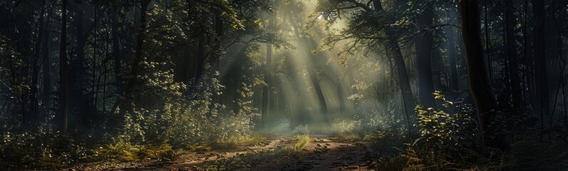 Sunlight shining through the trees in a forest with a dirt path. Nature background. Banner