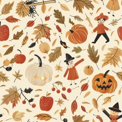 Autumn Delight: Charming Illustration with Pumpkins, Leaves, and Seasonal Elements