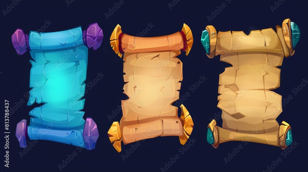 Poster magic scroll parchment ui game icon cartoon modern icon. fantasy ancient papyrus for old treasure or