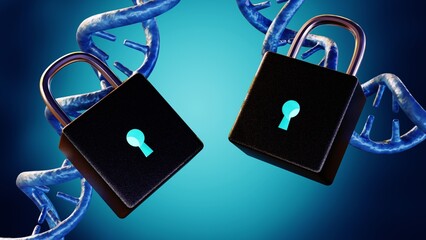 3d rendering of DNA helix and padlock. Protecting privacy and data security of personal DNA information