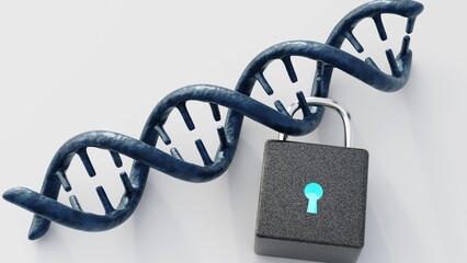 3d rendering of DNA helix and padlock. Protecting privacy and data security of personal DNA information