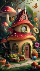 Resembles a Mushroom: The house is surrounded by a variety of flora, including vibrant flowers, mushrooms, and butterflies.